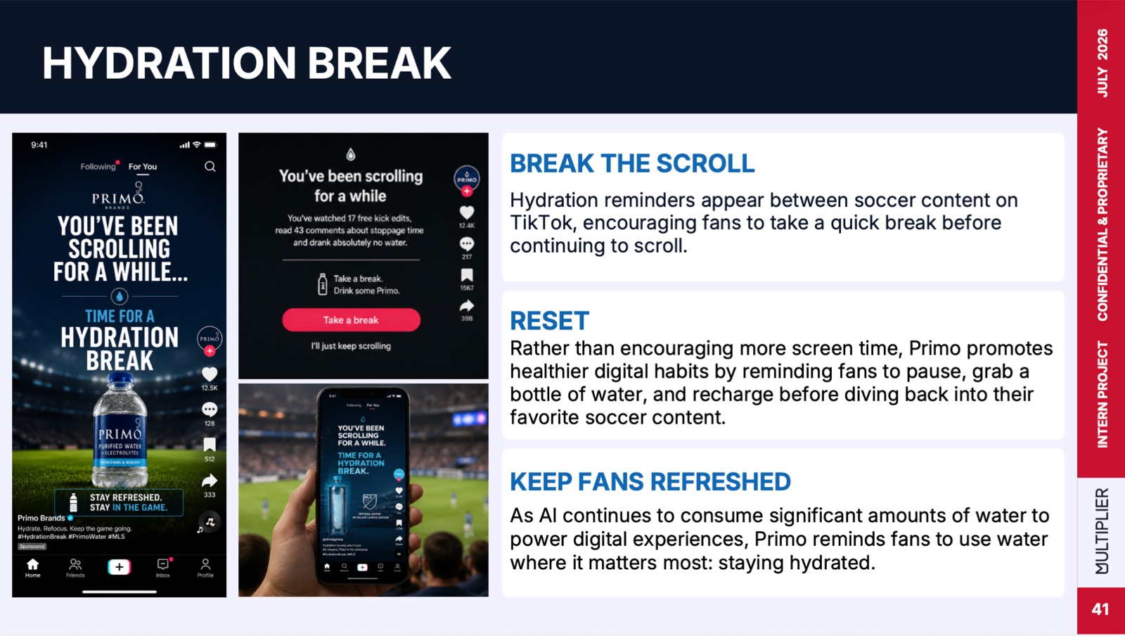 Hydration Break activation concept slide with TikTok mockups from the 2026 FIFA World Cup strategy project