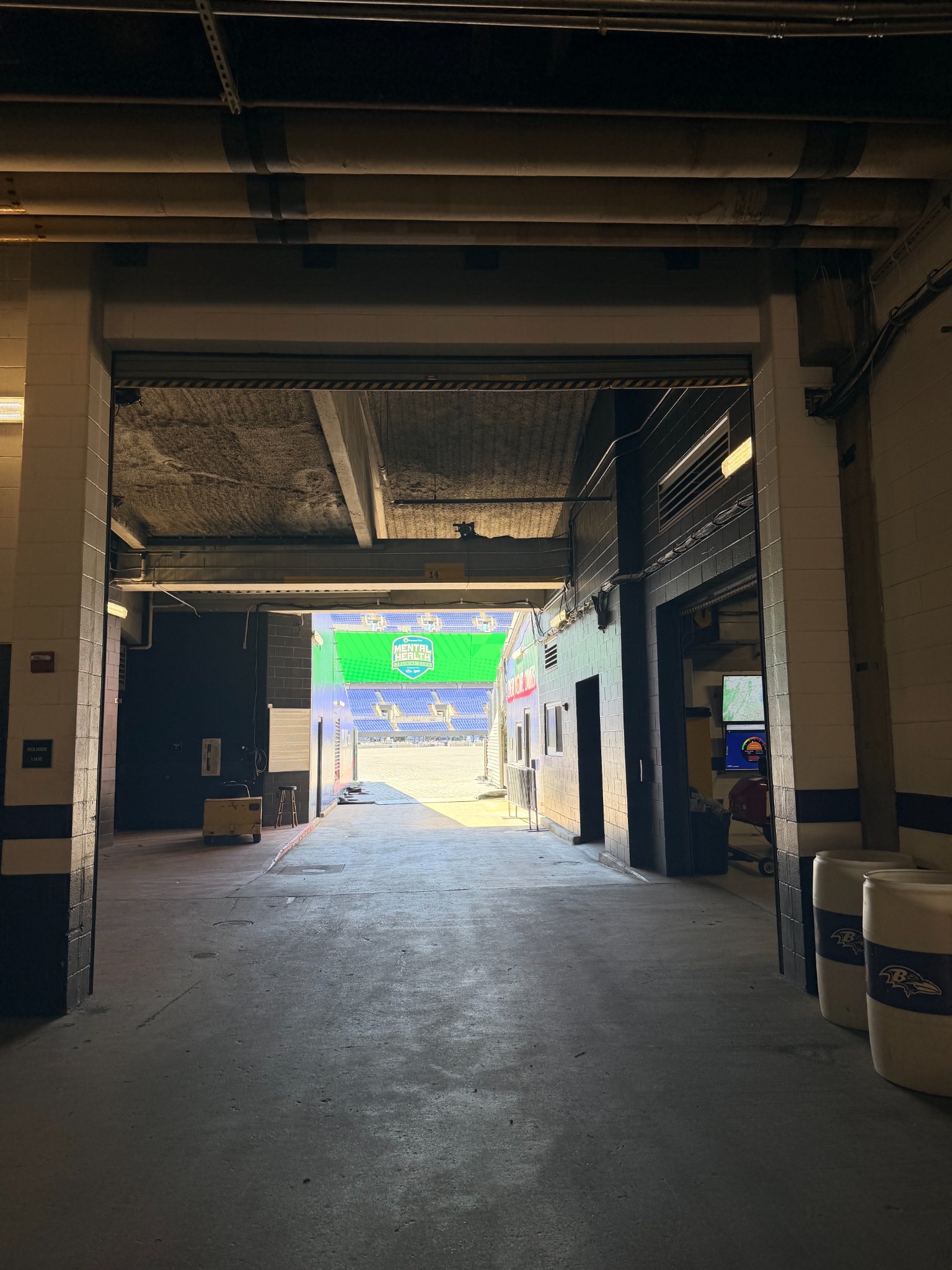 View from the stadium tunnel looking out toward the field and the Mental Health Training Camp video board