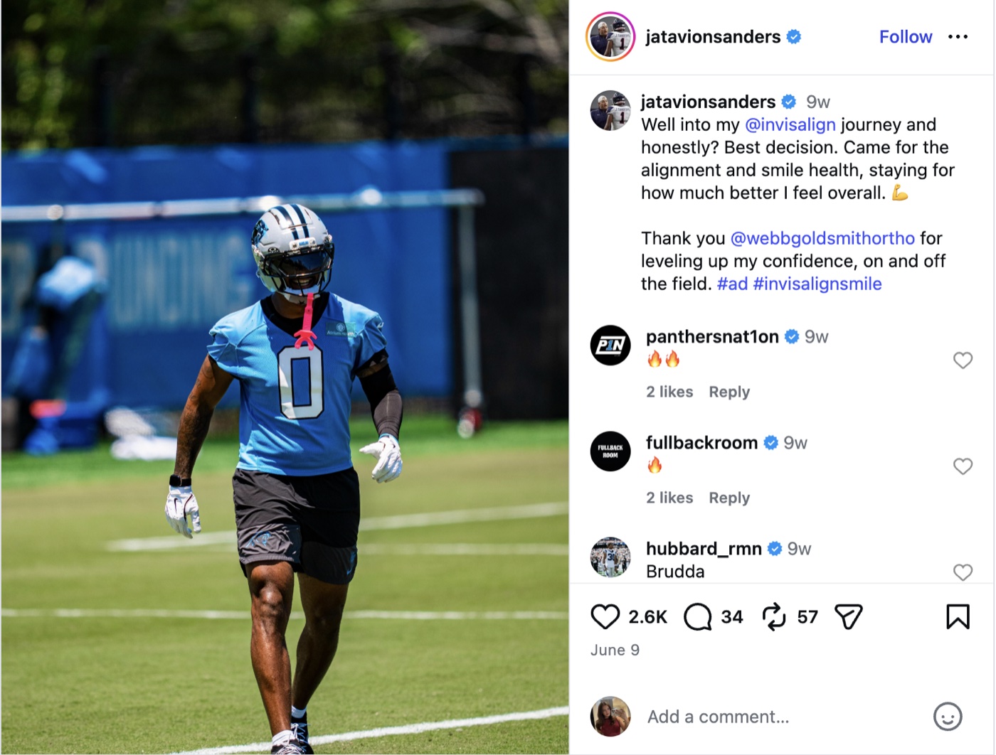 Sponsored Instagram post by an NFL player sharing his Invisalign treatment, part of the Invisalign x NFL Player Treatment Program