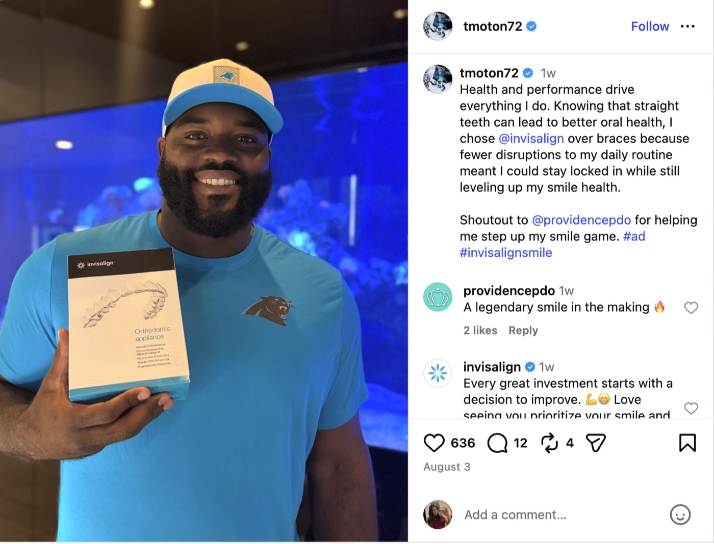 Sponsored Instagram post by an NFL offensive lineman about Invisalign treatment