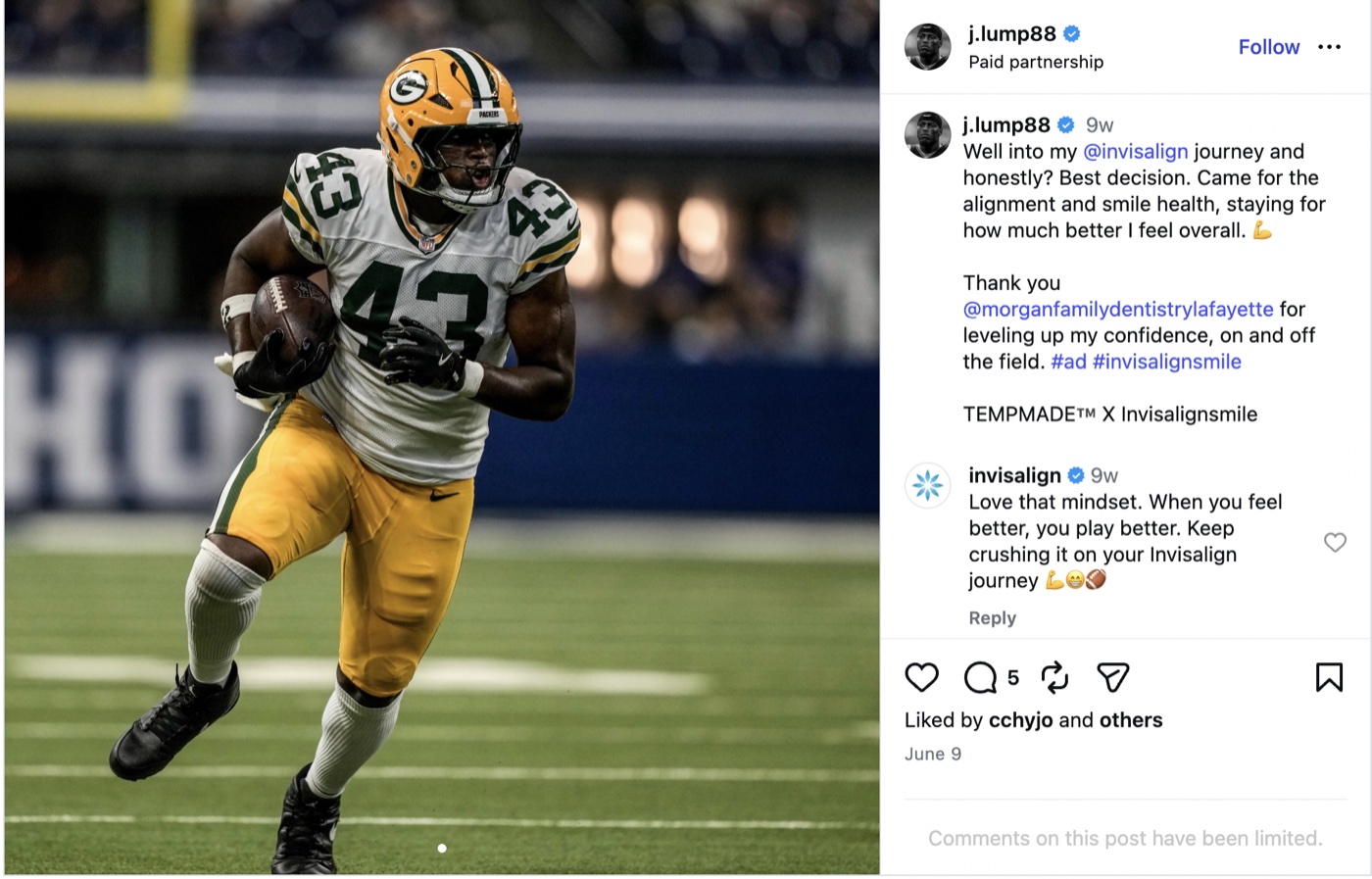 Sponsored Instagram post by a Packers player about Invisalign treatment