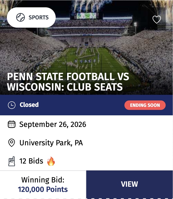 Wyndham Rewards Experiences live listing card for Penn State vs. Wisconsin